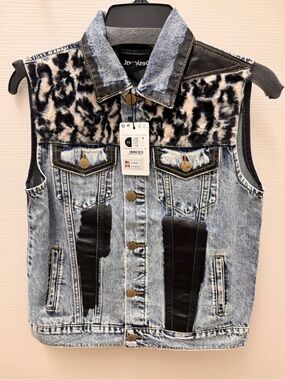Desigual Denim Vest with Black Faux Leather & Leopard Fur Accents